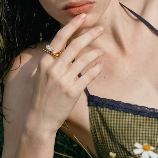18K Gold Plated Hypoallergenic Dainty Stainless Steel Cubic Zirconia Adjustable Ring