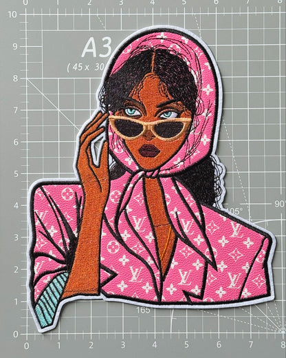 Pink Leather LV Lady Iron-on Patch 10inch