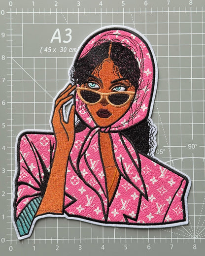 Pink Leather LV Lady Iron-on Patch 10inch