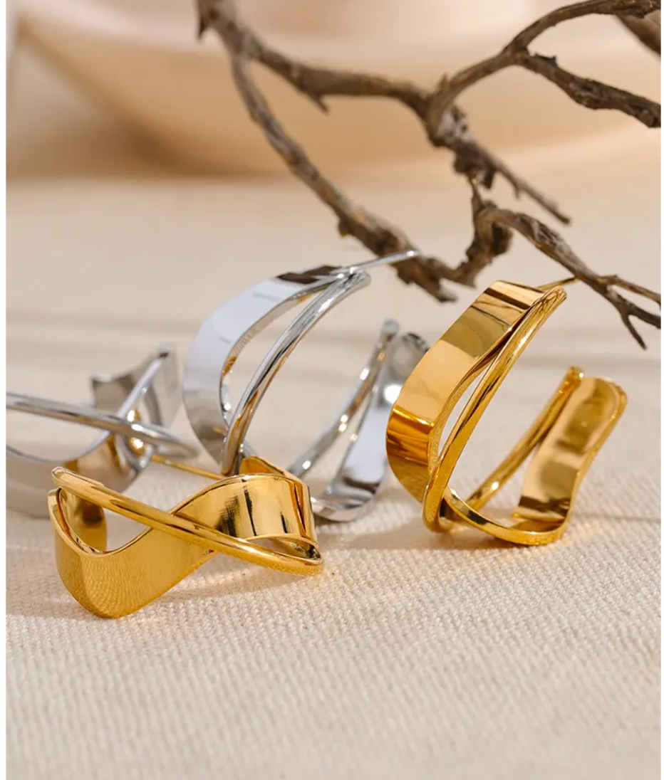 Irregular Geometric Hollow Huggie Earrings 18K Real Gold Plated