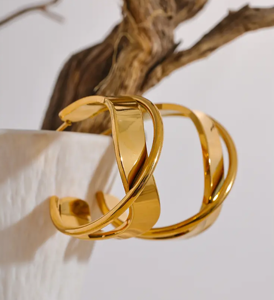 Irregular Geometric Hollow Huggie Earrings 18K Real Gold Plated