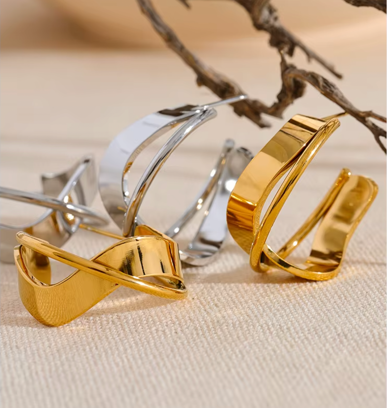 Irregular Geometric Hollow Huggie Earrings 18K Real Gold Plated
