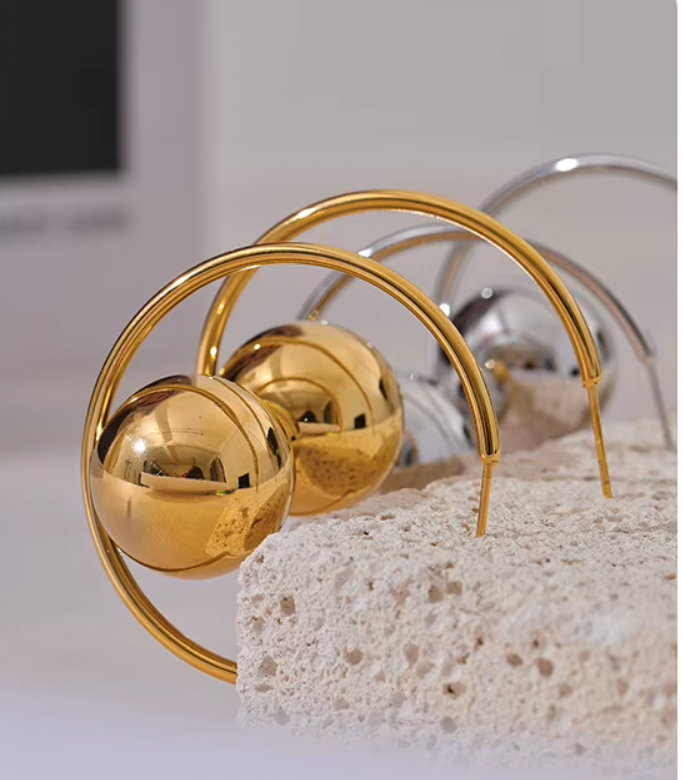 Round Ball Metal Huggie Earrings Gold Silver 18K Real Gold Plated