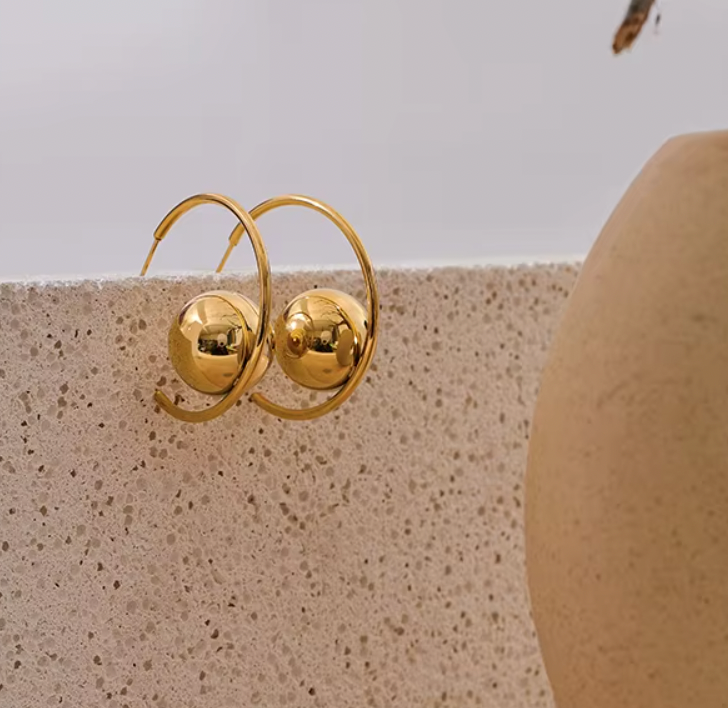 Round Ball Metal Huggie Earrings Gold Silver 18K Real Gold Plated