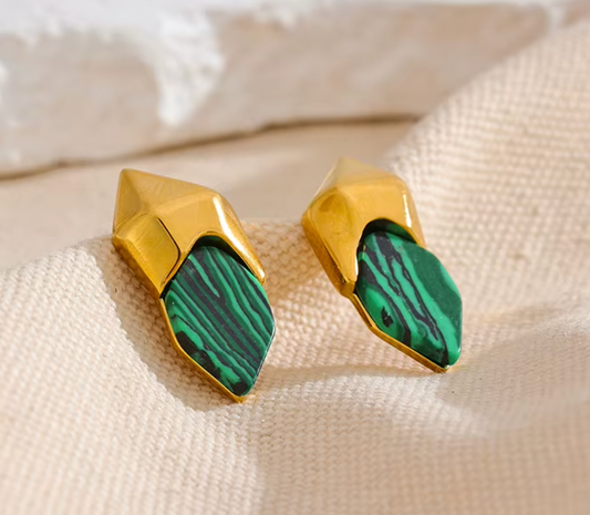 Malachite Stone Geometric Green Stud Earrings 18K Real Gold Plated